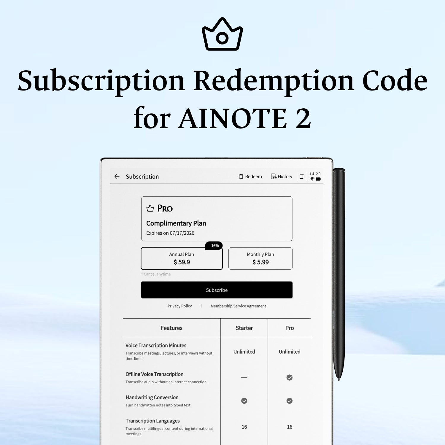 Pro Plan Redemption Code for AINOTE 2